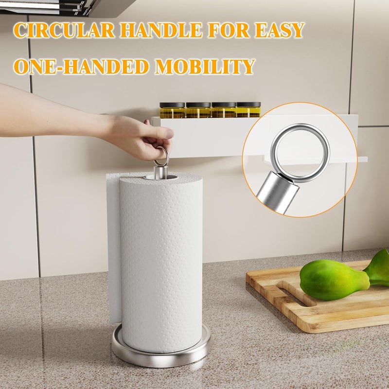 HZE Paper Towel Holder Countertop, One-Handed Tear, Stainless Steel, Weighted Base, Silver, Ring Paper Towel Holder Stand with Ratchet System for Kitchen Farmhouse Essentials Decor Accessories - Image 3